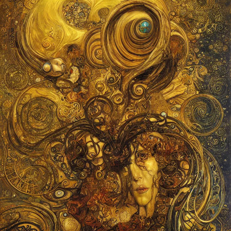 Image similar to Divine Chaos Engine by Karol Bak, Jean Deville, Gustav Klimt, and Vincent Van Gogh, visionary, sacred fractal structures, ornate gilded medieval icon, spirals, 8k 3D