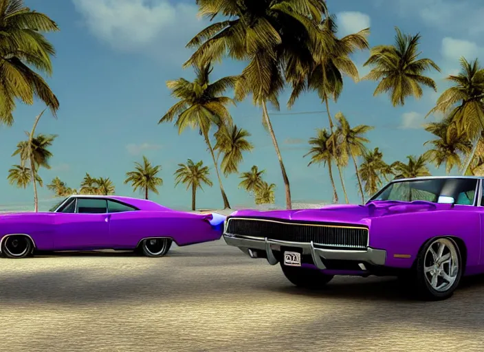 Image similar to hyperrealism, detailed textures, photorealistic 3 d render, a dreamy beach in cuba, a 1 9 7 0 hemi charger with plum crazy purple colour scheme, mickey thompson tires, centrerline rims, sharp focus, ultra realistic, ultra high pixel detail, cinematic, intricate, cinematic light, concept art, illustration, art station, unreal engine 8 k