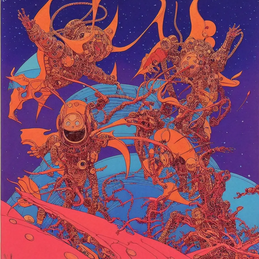 Image similar to ( ( ( ( the king of demons and the astronaut talking face to face ) ) ) ) by mœbius!!!!!!!!!!!!!!!!!!!!!!!!!!!, overdetailed art, colorful, artistic record jacket design