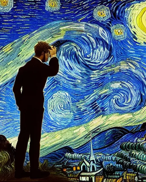 Prompt: a person looking at the night sky with stars, colorful, beautiful, national geographic, very detailed, astrophotography, oil painting, canvas, Vincent van Gogh, Caspar David Friedrich
