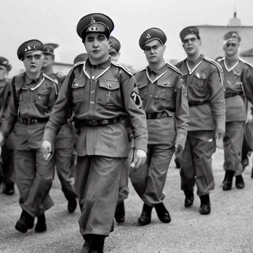 Image similar to mario as prison camp guard marching, wwii, officers uniform, cartoon style