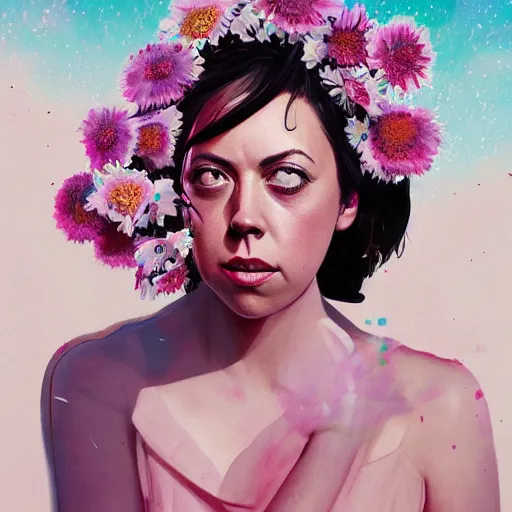 Image similar to painting of aubrey plaza dressed with flowers, illustration, artistic, colorful, hyper detailed, in the style of greg rutkowski