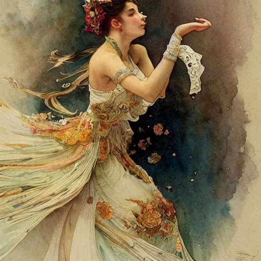 Image similar to a beautifull intricate watercolour painting of a dancing balerinas in ateliere, reflexions, verry high details by william turner art, greg rutkowski and alphonse mucha, trending on artstation, very very detailed, masterpiece,