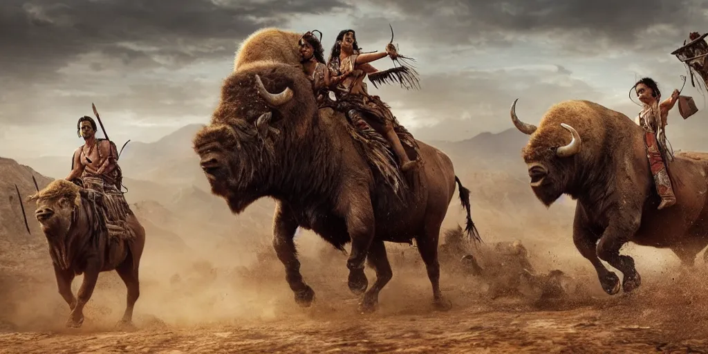 Image similar to indian tribe on wood ATV attacking bisons, action scene, an epic western, dramatic lighting, cinematic, establishing shot, extremely high detail, photorealistic, cinematic lighting, artstation, octane render, old photo, buffalo hunt movie, alpha movie, western, ultra sharp, clean symmetrical faces, high detail, intricate,hypermaximalist,hyper realism