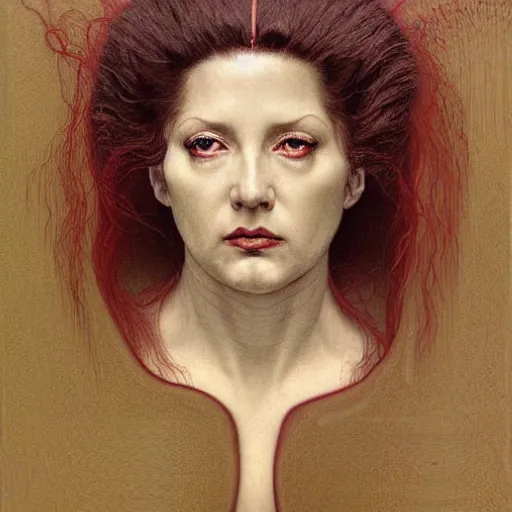 Prompt: hyper realistic painting of the red witch, detailed and perfect face, perfect and proportional but slightly overweight body, in the style of wayne barlowe, gustav moreau, qoward, gaston bussiere and roberto ferri, santiago caruso, and austin osman spare, bouguereau, mucha, saturno butto, sorayama occult art, alchemical diagram