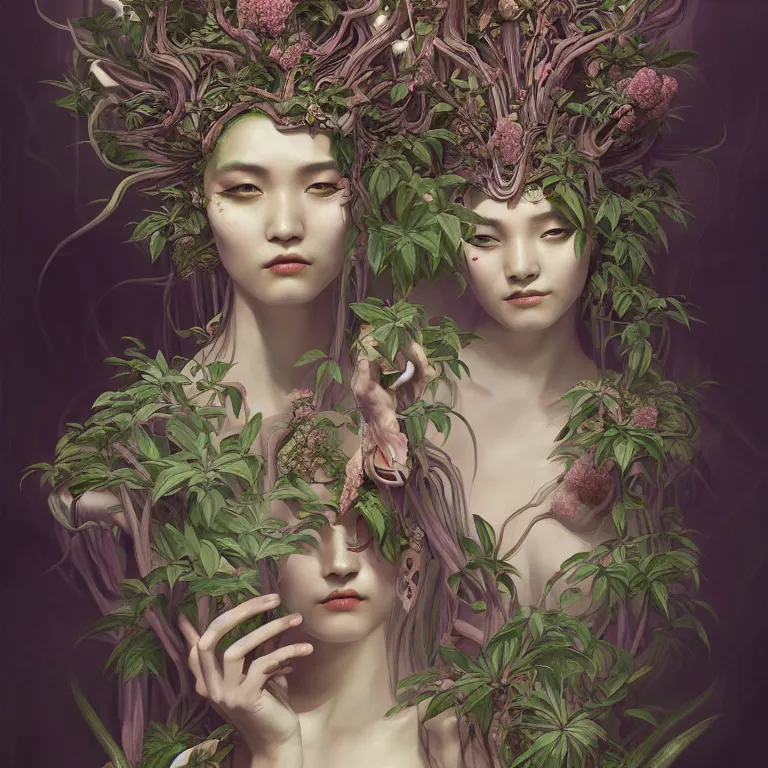 Image similar to breathtaking detailed concept art painting art deco portrait of a gaea goddess amalgamation plants, by hsiao - ron cheng, bizarre compositions, exquisite detail, extremely moody lighting, 8 k