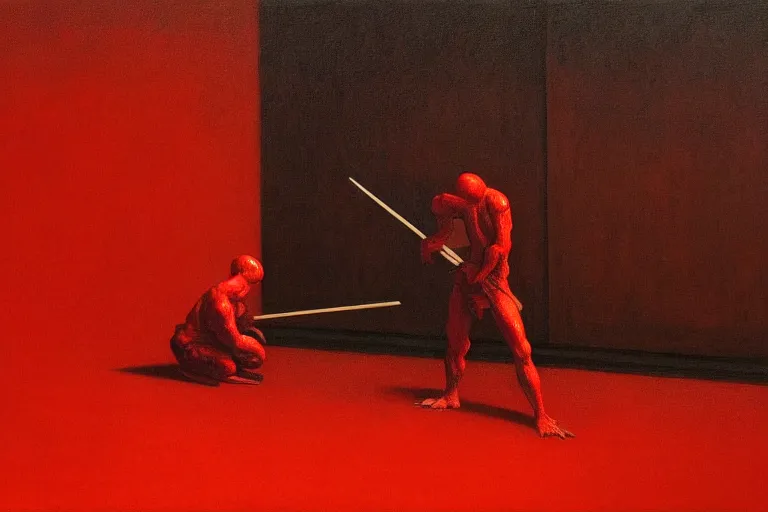 Image similar to only with red, a red samurai do seppuku, tokio, a lot of frogs watch, in the style of beksinski, parts by edward hopper, parts by rodcenko, parts by yue minjun, intricate and epic composition, red by caravaggio, insanely quality, highly detailed, masterpiece, red light, artstation, 4 k