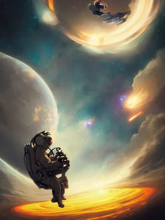 Image similar to photo of 8k ultra realistic astronaut floating in space, dark, stars, full of colour, cinematic lighting, battered, trending on artstation, 4k, hyperrealistic, focused, extreme details,unreal engine 5, cinematic, masterpiece, art by Peter Mohrbacher