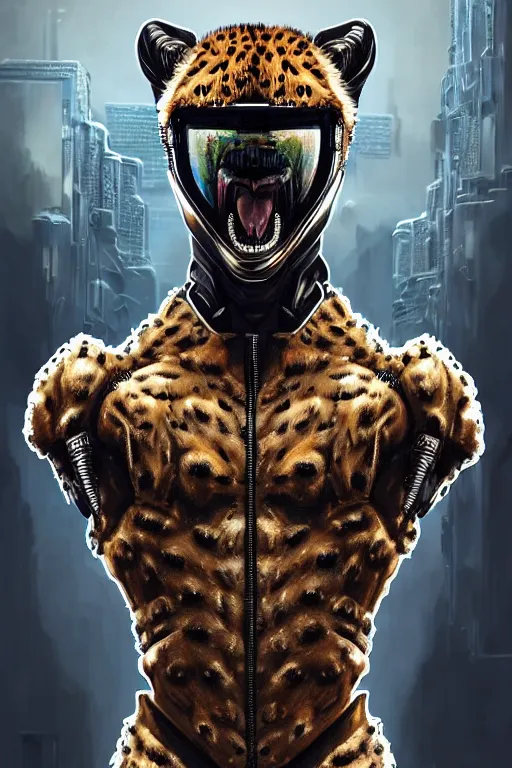 Image similar to a portrait of a muscular anthropomorphic cyberpunk cheetah in spacesuit armor with ensignia on chest plate by sandra chevrier, by jon foster, detailed render, post - processing, extremely hyperdetailed, intricate, epic composition, cybernetics, 4 k realistic, cryengine, realistic shaded lighting, sharp focus, masterpiece, by enki bilal