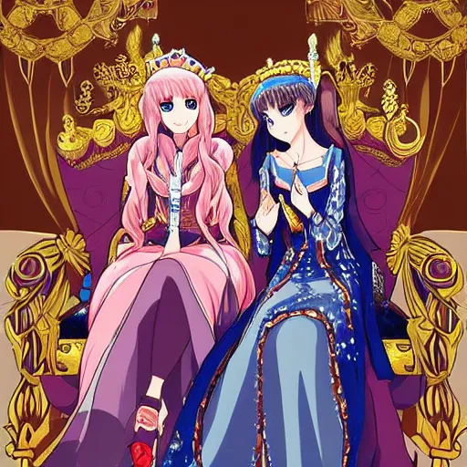 Image similar to two beautiful queens sitting in thrones across from each other, detailed anime art