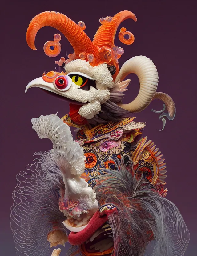 Image similar to 3 d muppet half - turn portrait with ram skull. beautiful intricately detailed japanese crow kitsune mask and clasical japanese kimono. betta fish, jellyfish phoenix, bio luminescent, plasma, ice, water, wind, creature, artwork by tooth wu and wlop and beeple and greg rutkowski