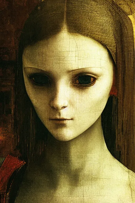 Image similar to a close - up portrait of a cyberpunk cyborg girl, by leonardo davinci, rule of thirds