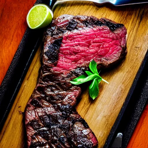 Image similar to A perfectly guitar shaped perfectly cooked rare steak, blue meat, food photography, 35mm, macro