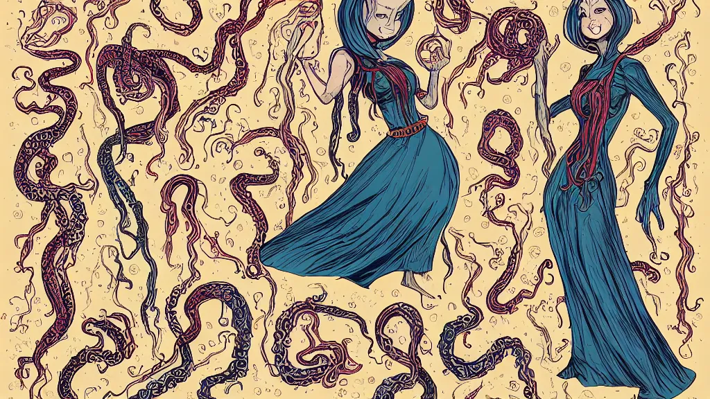 Image similar to aged paper, colorful character sheet for a stocky alien extraterrestrial female servant maid with thick snake - like tentacles instead of hair, long dress with apron, woodstock, psychedelic, 7 0 s, coherent, illustration, digital art, trending on artstation, hd, 8 k, good lighting, beautiful, rough paper, masterpiece