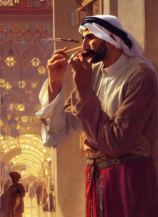 Image similar to an arabian man smoking a pipe in the market, shiny, fantasy, intricate, elegant, hyper detailed, ultra definition, photoreal, artstation, unreal engine rendered, concept art, smooth, sharp focus, illustration, art by artgerm and greg rutkowski and alphonse mucha and garis edelweiss