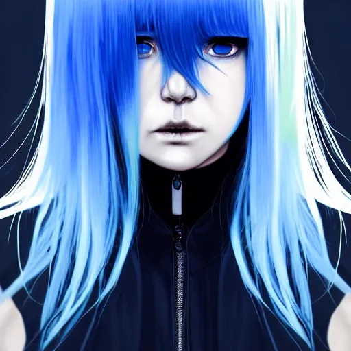 Image similar to full face shot of rimuru tempest, sky blue straight hair, long bangs, with amber eyes, wearing a black jacket, high collar, ultra detailed, concept art, award winning photography, digital painting, cinematic, wlop artstation, closeup, pixiv, evil, yoshitaka amano, andy warhol, ilya kuvshinov,