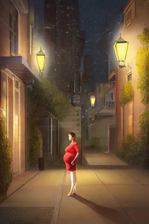 Prompt: pregnant woman under street light, highly detailed, sharp focused, ultra realistic digital concept art by Garth Laidlaw