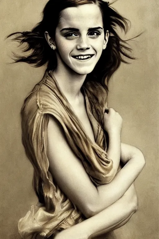 Image similar to emma watson smiling laughing gathered faille v - neck smiling detailed portrait painting by gaston bussiere craig mullins j. c. leyendecker photograph by richard avedon peter lindbergh annie leibovitz