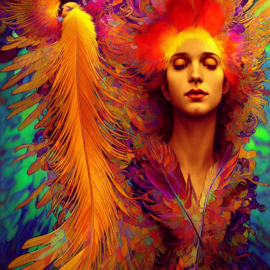 Image similar to face of innocent psychedelic transcendent feather mind bending psychedelic wings of glossy liquid honey flowing like kaleidoscopic translucent holograph, lsd feathers, feathery fluff, enlightenment, high contrast dappled lighting, refracted sunset, highly detailed, concept art, art by collier, albert aublet, krenz cushart, artem demura, alphonse mucha