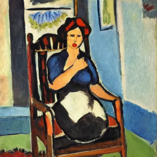 Prompt: an oil painting by matisse of marvel black widow sitting on a chair,