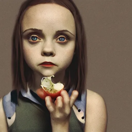 Image similar to young vampire christina ricci eating a clove of garlic, art by beeple