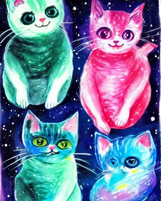 Prompt: cute galactic space kittens, painted in bright water colors