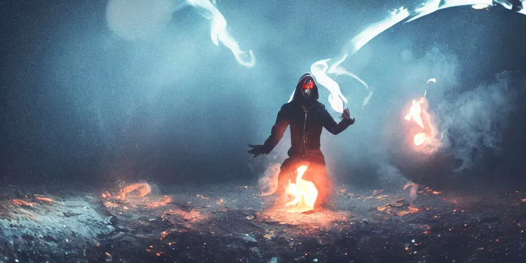 Image similar to VHS music video fisheye slow motion with trail fire and smoke effect of futuristic break dancer wearing long dark cloak and golden helmet emitting fire and crystals, long exposure shot , enigmatic, at night on the surface of the moon, paddle of water, steam, fog, water splashes, rim lights, glossy reflections, water droplets on lens, octane render, Volumetric dynamic lighting, stunning cover magazine, high details, hajime sorayama