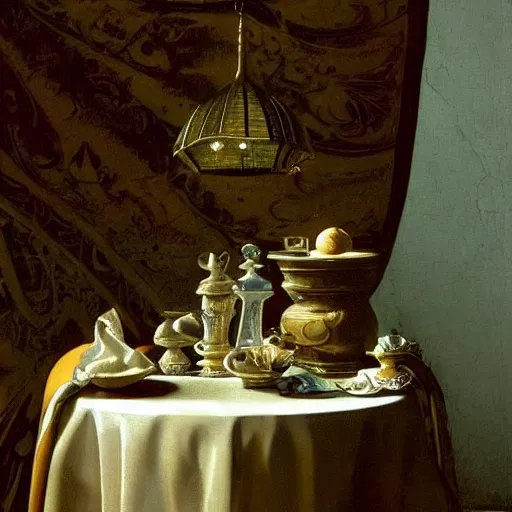 Prompt: still life painting of a miniature tabletop palace under an ornate glass dome, by paulette tavormina and vermeer, hyper realistic, sharp focus, beautiful bright lighting