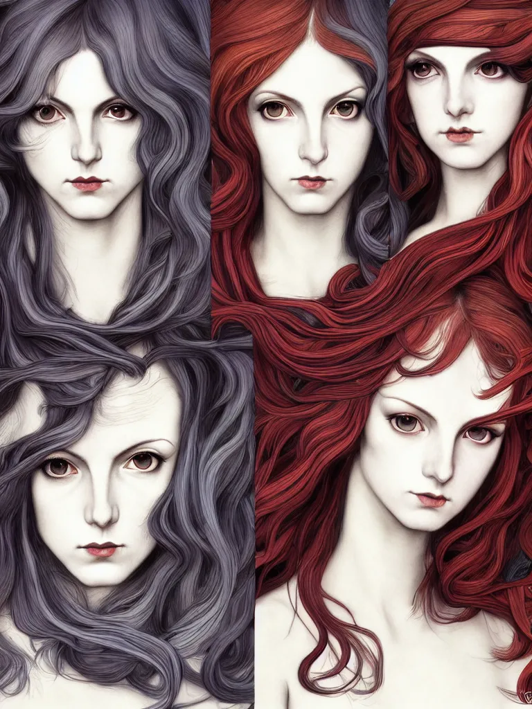 Prompt: december, january and february as deities, varied hair colors, somber, mournful, style mix of æon flux, shepard fairey, botticelli, john singer sargent, pre - raphaelite, shoujo manga, branches, snow, ice, dark muted colors, superfine ink detail, ethereal, 4 k photorealistic, arnold render