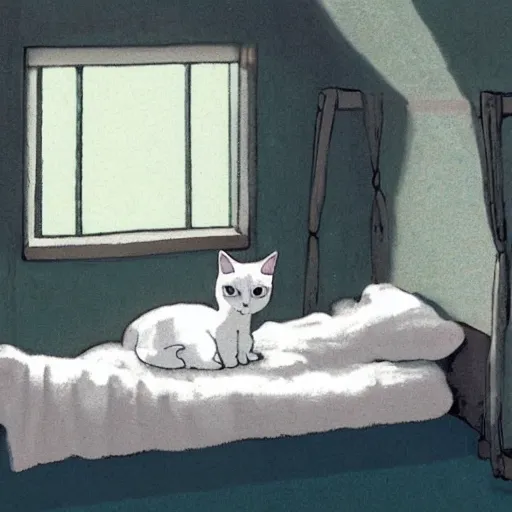 Image similar to a white ragdoll cat lies on the bed in the girl's bedroom, warm atmosphere, by studio ghibli