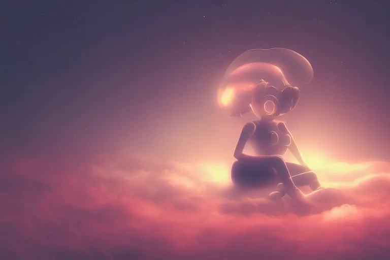 Image similar to a cute robot girl sitting on a cloud relaxing, misty, digital art, hazy, foggy, red lighting, ambient lighting, 8 k,