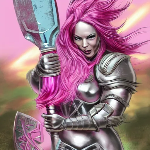 Image similar to pink haired female goddess with a giant metallic battle axe stepping on a small pink pink cat