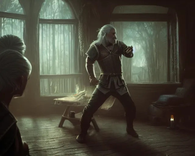 Prompt: 5 5 mm portrait photo of geralt of rivia dancing in a brothel. magical atmosphere. art by greg rutkowski. highly detailed 8 k. intricate. lifelike. soft light. nikon d 8 5 0.