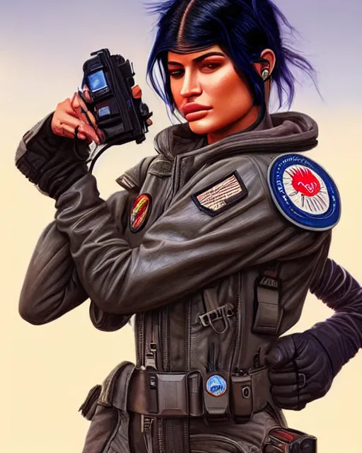 Prompt: Fighter Pilot Kylie Jenner as an Apex Legends character digital illustration portrait design by, Mark Brooks and Brad Kunkle detailed, gorgeous lighting, wide angle action dynamic portrait