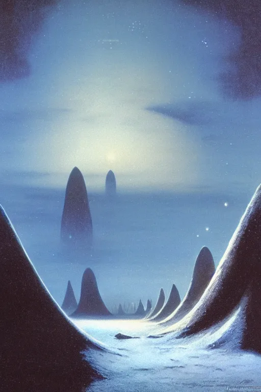 Image similar to emissary space by arthur haas and bruce pennington and john schoenherr, cinematic matte painting, photo realism, dark color palate, blue hour light snow