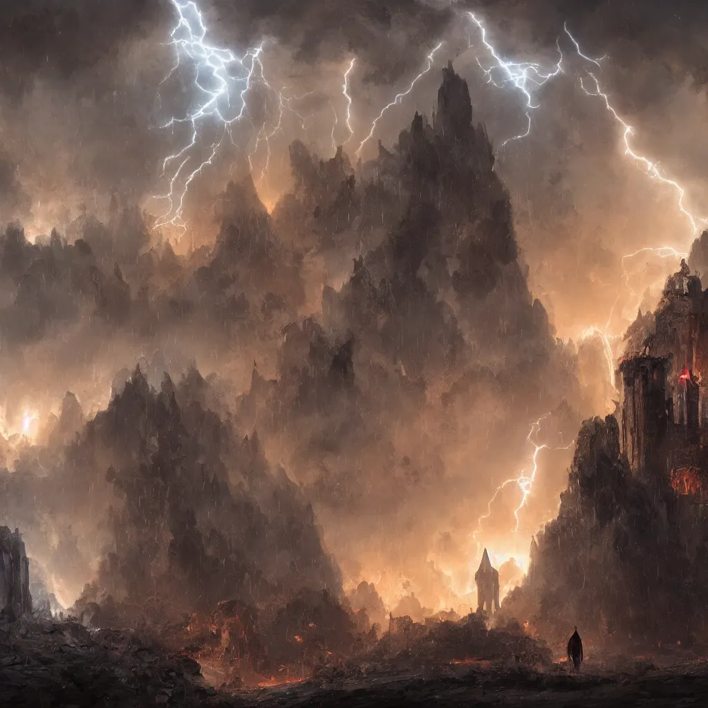 Image similar to a still of a cloaked figure standing in the ruins of crux prime, monastery, there is lightning, blue fiery maelstrom in the distance, it is raining, digital art, artstationhq