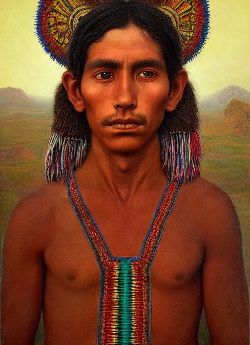 Image similar to portrait of a magical huichol boy in oaxaca mexico, by agostino arrivabene and tom bagshaw and manuel sanjulian