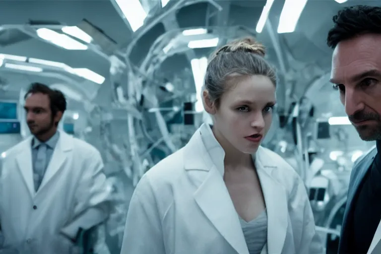 Image similar to movie closeup polar opposites, couple, researchers in a futuristic weapons lab, beautiful skin, Symmetrical faces. Beautiful lighting by Emmanuel Lubezki