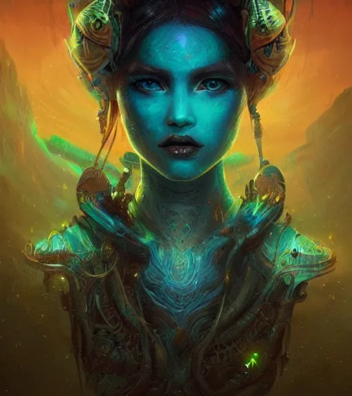 Image similar to beautiful intricate exquisite alien princess realistic face, beautiful eyes, neon colors, drawing, in the style of greg rutkowski, fantasy, amazing detail, epic, intricate, elegant, smooth, sharp focus