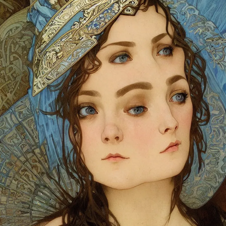 Image similar to Portrait close-up of a Slavic female cleric with kerchief covering her ears. Blue eyes, black hair, porcelain skin, full lips, high slanted cheekbones. Fantasy art by alphonse mucha, intricate, elegant, highly detailed, dramatic lighting, illustration, award winning on artstation, D&D, Dungeons and Dragons.