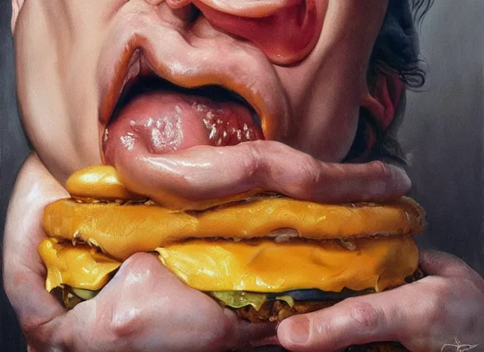 Image similar to realistic painting by jenny saville of!! donald trump!! licking a! cheeseburger!, art by jenny saville and tom bagshaw, detailed, sharp, smooth,! hamburger!