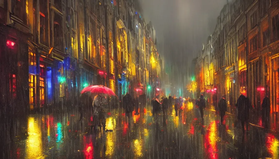 Image similar to brussels at rainy night, neons, lights, wet ground, people with umbrellas, hyperdetailed, artstation, cgsociety, 8 k