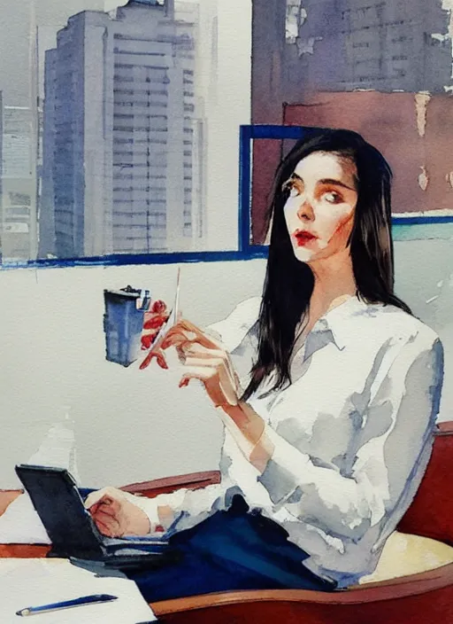 Image similar to concept art of a modern office life, young business woman, pinterest, artstation trending, behance, watercolor, by coby whitmore, silver, laser light,