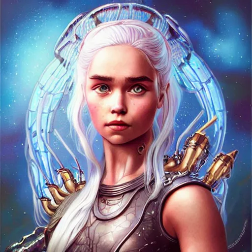 Image similar to lofi biopunk daenerys targaryen portrait with dragons, Pixar style, by Tristan Eaton Stanley Artgerm and Tom Bagshaw.