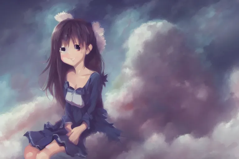 Image similar to a cute anime girl sitting on a cloud, digital painting, anime, portrait