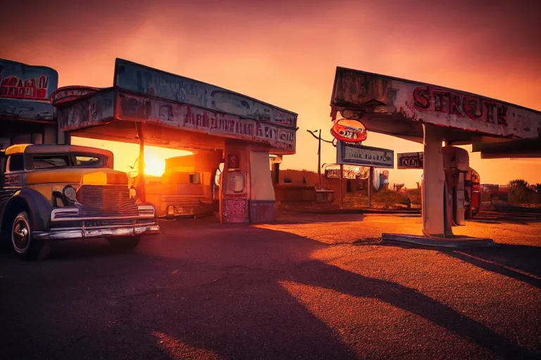 Image similar to a sunset light landscape with historical route 6 6, lots of sparkling details and sun ray ’ s, blinding backlight, smoke, volumetric lighting, colorful, octane, 3 5 mm, abandoned gas station, old rusty pickup - truck, beautiful epic colored reflections, very colorful heavenly, softlight