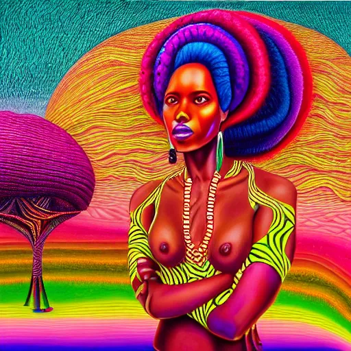 Prompt: a regal bbw african queen with colorful dreadlocks sitting in a cabana near a pink river with a large glowing baobab tree in the center, by amanda sage and alex grey and evgeni gordiets in a surreal psychedelic style, symmetrical, detailed eyes, oil on canvas 8k, hd