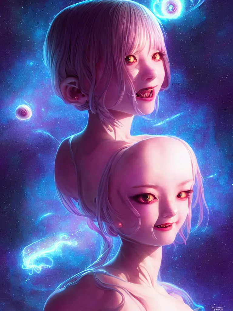 Image similar to azathoth girl very slightly smiling, dress made out milky way, full body, occlusion shadow, specular reflection, rim light, unreal engine, artgerm, artstation, art by hiroaki samura and ilya kuvshinov and ossdraws, intricate, highly detailed 8 k, cosmic horror illustration, extremely beautiful shape of face and body