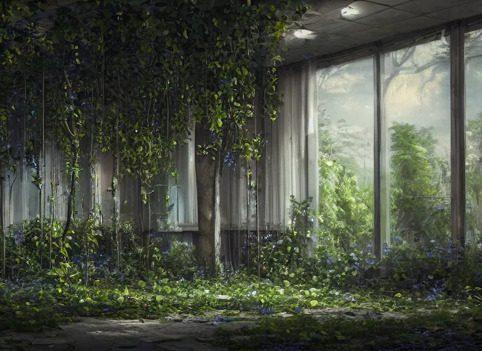 Prompt: trees growing in an abandoned shopping mall, overgrown by flower, vines, at night, blue moonlight, hyperrealistic, highly detailed, oil painting, intricate, cgsociety, artstation, 8 k, cinematic, muted colors, soft lighting, smooth, sharp focus