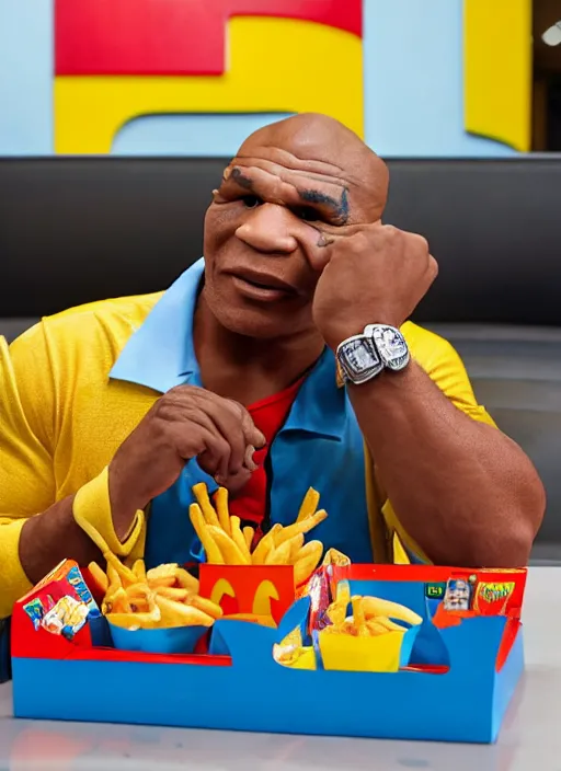 Prompt: Mike Tyson eating a happy meal in the McDonalds play place, photograph, high quality, detailed, sharp